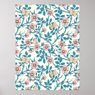 Poster Rosas silvestres e borboletas /rosa/azul/branco es