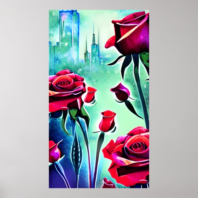 Poster Rosas vermelhas com paisagem digital moderna (Frente)