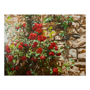 Pôster Rosas vermelhas contra uma parede de pedra
