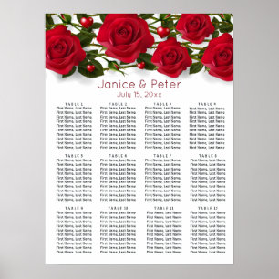 Poster Rosas vermelhas, corações Wedding 12 mesas que