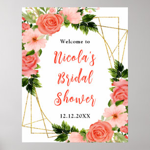 Poster Rosas Vermelhas Corais com Chuva de Bebê de Noiva