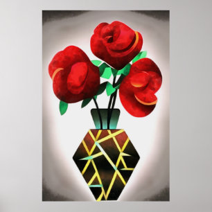 Poster Rosas vermelhas De Arte Deco Em Vase