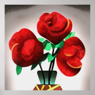 Poster Rosas vermelhas De Arte Deco Em Vase