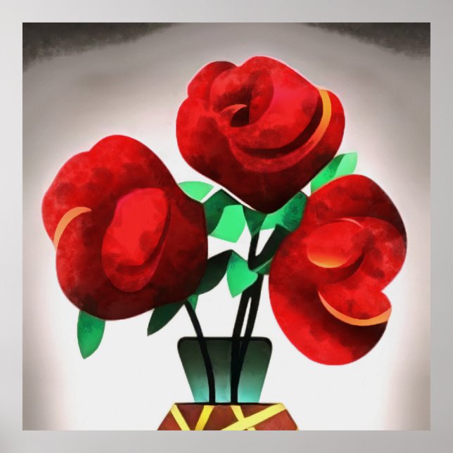 Poster Rosas vermelhas De Arte Deco Em Vase (Frente)