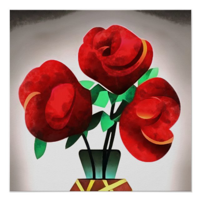 Pôster Rosas vermelhas De Arte Deco Em Vase (Frente)