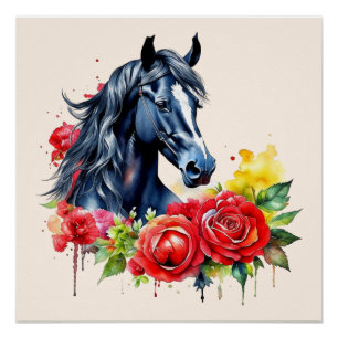 Pôster Rosas vermelhas de Cavalo Preto com Aquarela