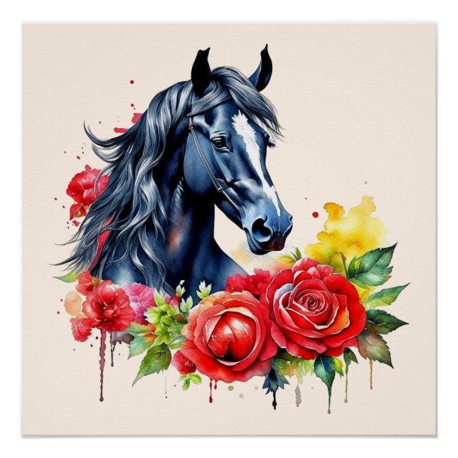 Pôster Rosas vermelhas de Cavalo Preto com Aquarela (Frente)