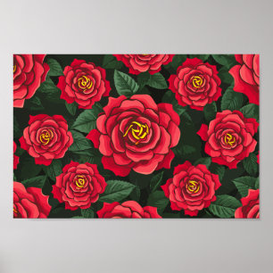 Poster Rosas vermelhas Elegantes com padrão de folhas ver