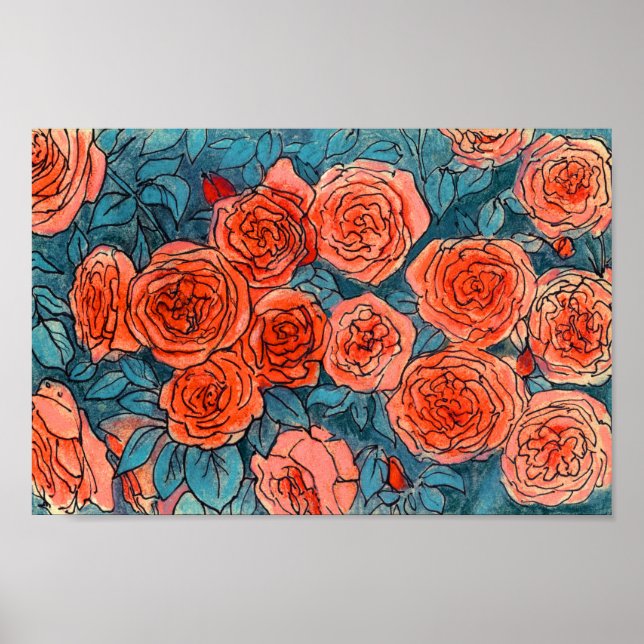 Poster Rosas vermelhas, Flores de Verão de Rosa de Jardim (Frente)