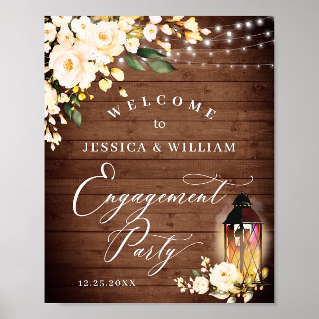 Poster Rosas Vermelhas Lanterna Casamento de Madeira Rúst (Frente)
