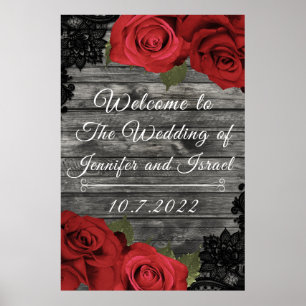 Poster Rosas Vermelhas Rustico Placa de Casamento com Ren
