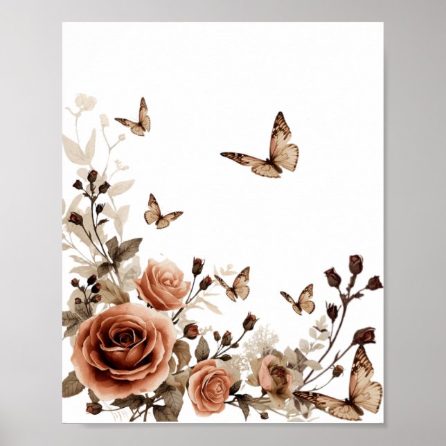 Poster Rosas Vintage & Borboletas (Frente)