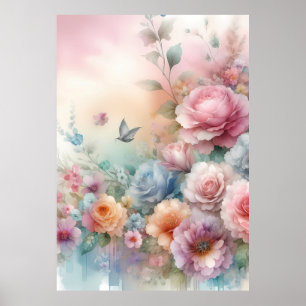 Poster Rosas Vintage cor pastel com borboleta
