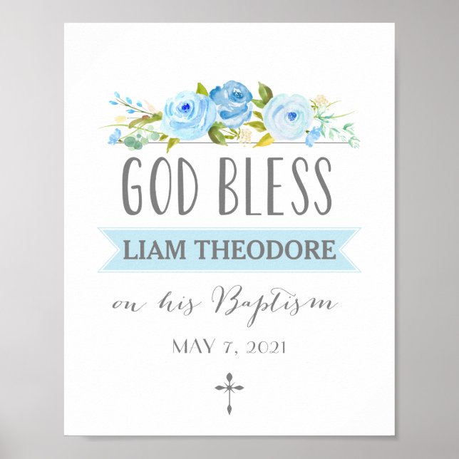 Poster Rose Banner | God Bless | Blue Baptism Sign (Frente)