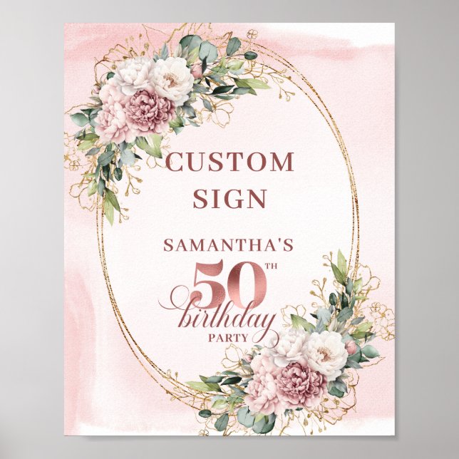 Poster Rose Gold Blush Floral 50th Birthday Custom Sign (Frente)