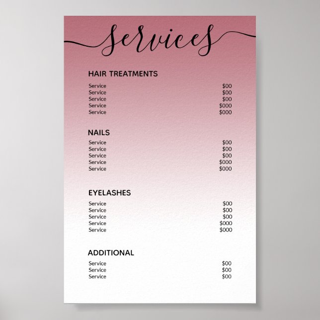 Poster Rose Gold Blush Pink Salon Price List Service Menu (Frente)