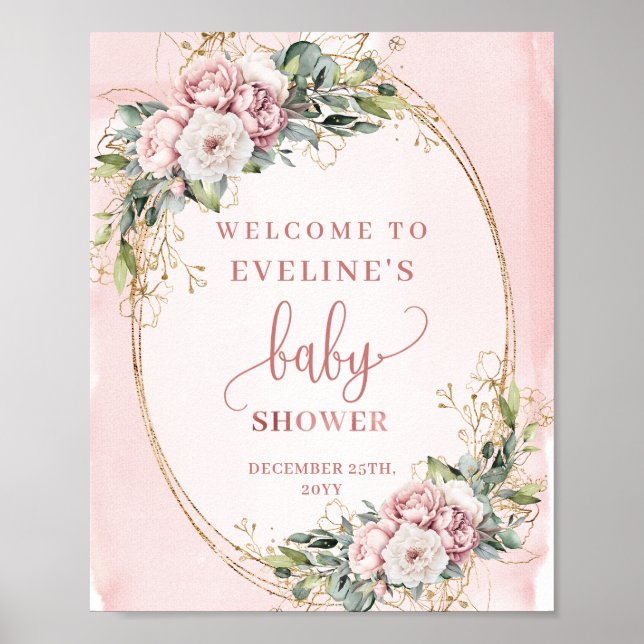 Poster Rose Gold Floral Eucalyptus Welcome Baby Shower  (Frente)