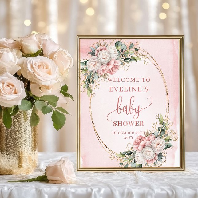 Poster Rose Gold Floral Welcome Baby Shower Tabletop Sign (Rose Gold Floral Welcome Baby Shower Tabletop Sign)