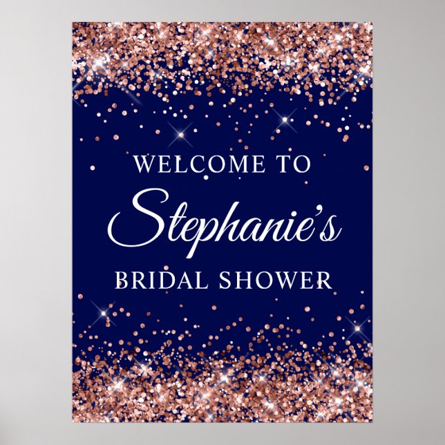 Poster Rose Gold Glitter Navy Bridal Shower Welcome (Frente)