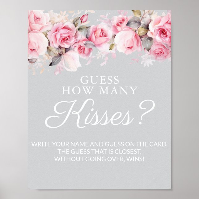 Poster Rose Pink Gray Bridal Shower Guess Kisses Game (Frente)