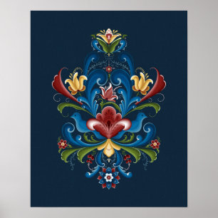 Poster Rosemaling Escandinavo Folk Azul Vermelho