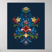 Rosemaling Folha Azul Escandinavo Vermelho