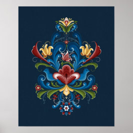 Poster Rosemaling Folha Azul Escandinavo Vermelho