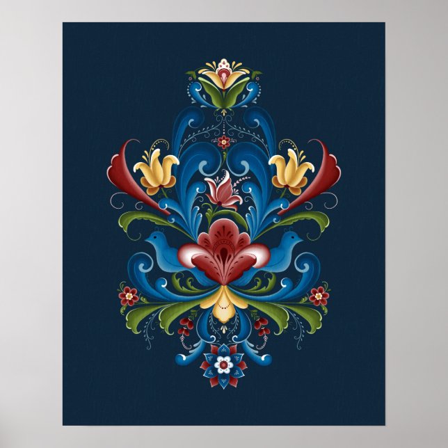 Poster Rosemaling Folha Azul Escandinavo Vermelho (Frente)