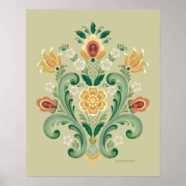 Poster Rosemaling Green e Dourado (Frente)