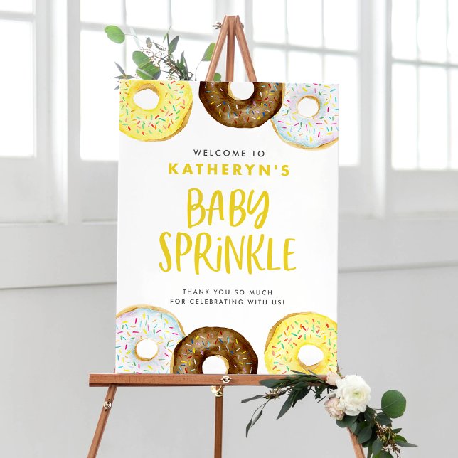Poster Rosquinhas Amarelas e Chocolate Vidraças Bebê (Watercolor Yellow Donuts Baby Sprinkle Welcome Sign – Customizable Baby Shower Decor)