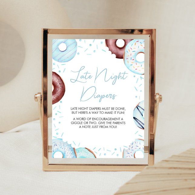 Poster Rosquinhas azuis e Fraldas Noturnas Tardes (Donuts and Diapers Baby Shower Late Night Diapers Sign)
