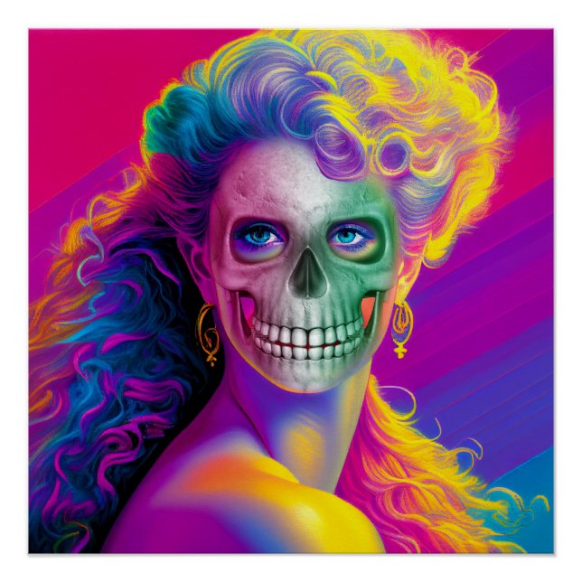 PÔSTER ROSTO DE CRÂNIO COLORIDO MODERNO ESTILO HALLOWEEN (Frente)