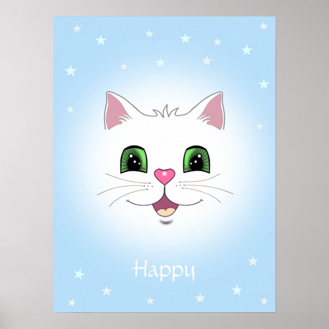 Poster Rosto de gato branco fofo e engraçado em azul clar (Frente)