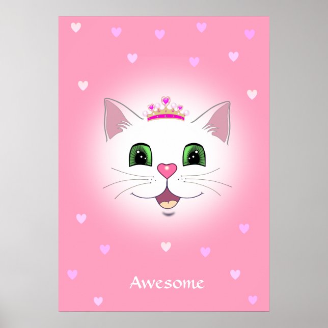 Poster Rosto de gato real bonito com corações a rosa (Frente)