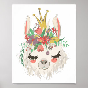 Poster Rosto de Lhama Fofo Floral Aquarela