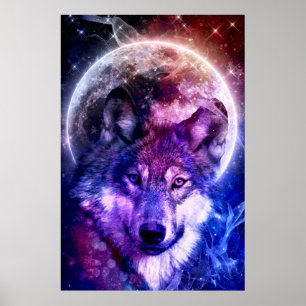 Poster Rosto de Lobo Galáxico Místico com Lua Cheia