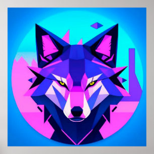 Poster Rosto de Lobo Neon Futurista em Arte Geométrica