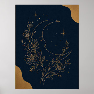 Poster Rosto de Lua Crescente Mística e Celestial Dourado