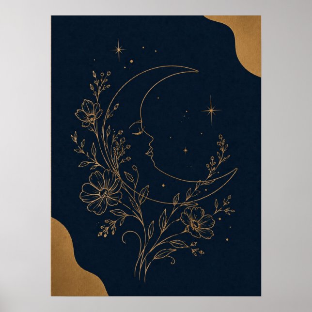 Poster Rosto de Lua Crescente Mística e Celestial Dourado (Frente)