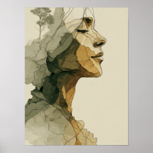 Poster Rosto de Mulher Abstrata Arte Boho Neutra Feminina