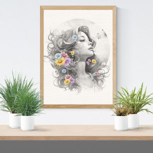 Poster Rosto de Mulher Com Efeito Texturizado de Flores