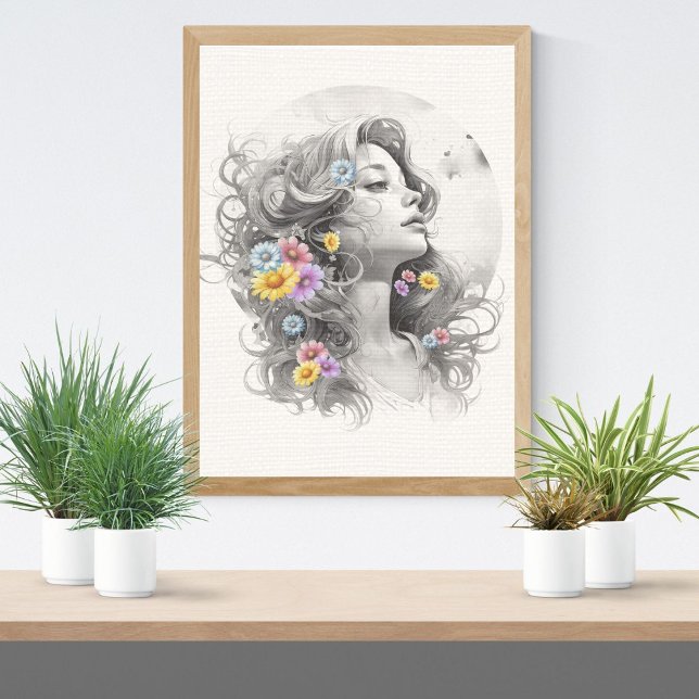 Poster Rosto de Mulher Com Efeito Texturizado de Flores (Criador carregado)