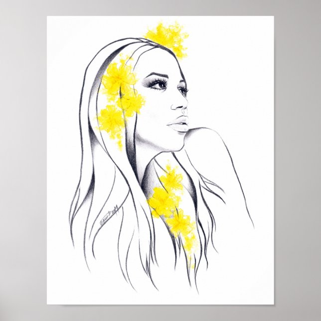 Poster Rosto de mulher Flores amarelas Arte de ilustração (Frente)