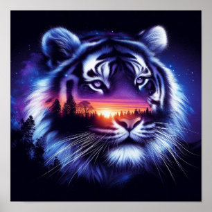 Poster Rosto de Tigre e Paisagem de Pôr do Sol Cênica