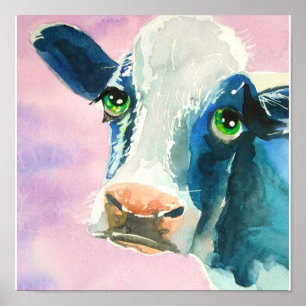 Poster Rosto de vaca com olhos verdes pintura aquosa