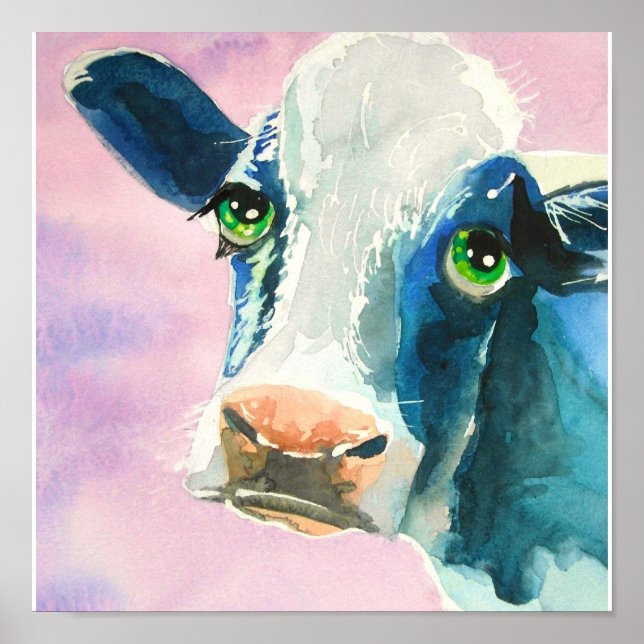 Poster Rosto de vaca com olhos verdes pintura aquosa (Frente)