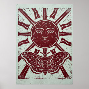 Poster Rosto do Sol e Linocut Arte Folclórica da Mariposa