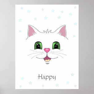 Poster Rosto engraçado de gato branco fofo e estrelas