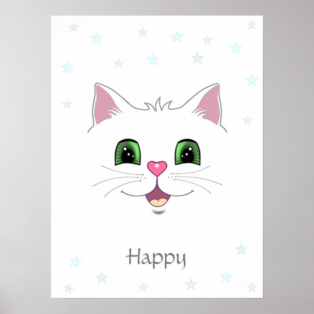 Poster Rosto engraçado de gato branco fofo e estrelas (Frente)