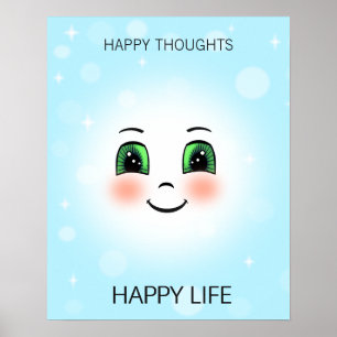 Poster Rosto feliz e pensamentos felizes em azul claro